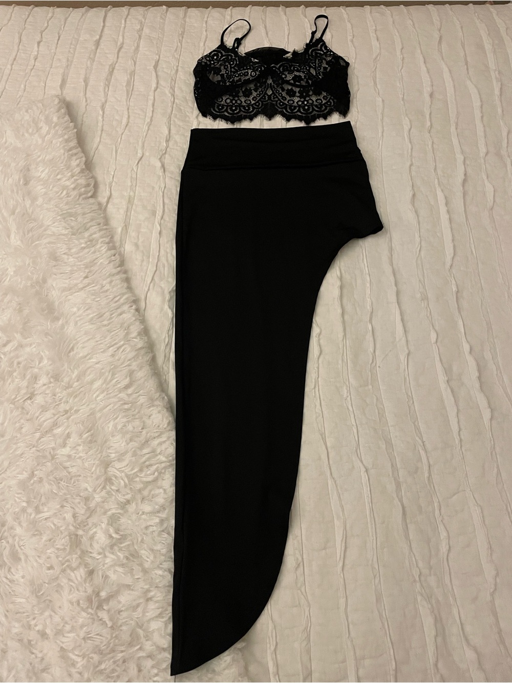 Black Lace Bralette and Asymmetric Skirt Set